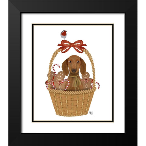 Christmas Des - Dog in Basket with Gingerbread Men Black Modern Wood Framed Art Print with Double Matting by Fab Funky