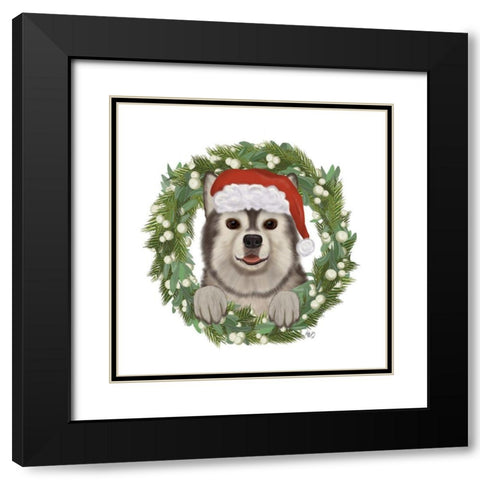 Christmas Des - Husky Wreath Black Modern Wood Framed Art Print with Double Matting by Fab Funky
