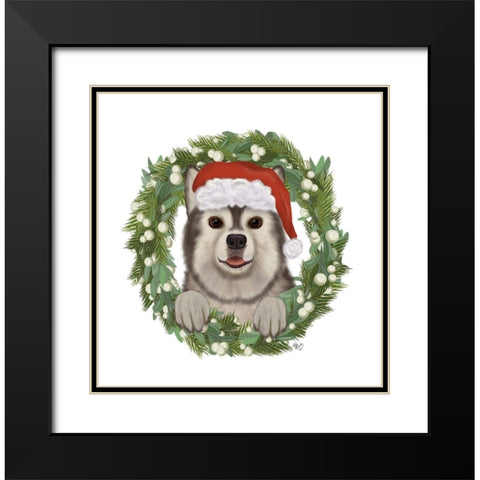 Christmas Des - Husky Wreath Black Modern Wood Framed Art Print with Double Matting by Fab Funky