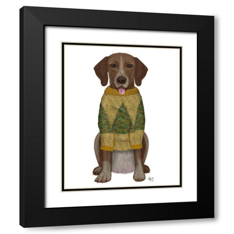 Christmas Des - Mutt in Yellow Christmas Sweater Black Modern Wood Framed Art Print with Double Matting by Fab Funky