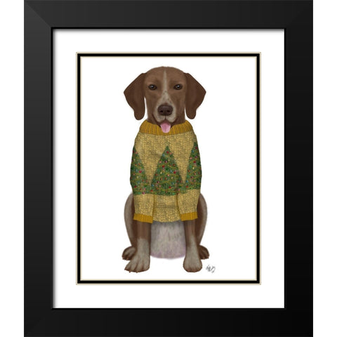 Christmas Des - Mutt in Yellow Christmas Sweater Black Modern Wood Framed Art Print with Double Matting by Fab Funky