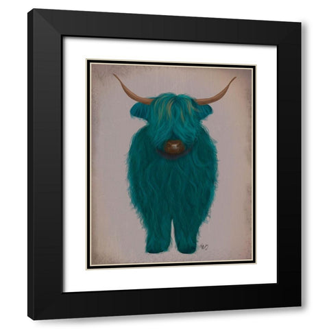 Highland Cow 3, Turquoise, Full Black Modern Wood Framed Art Print with Double Matting by Fab Funky