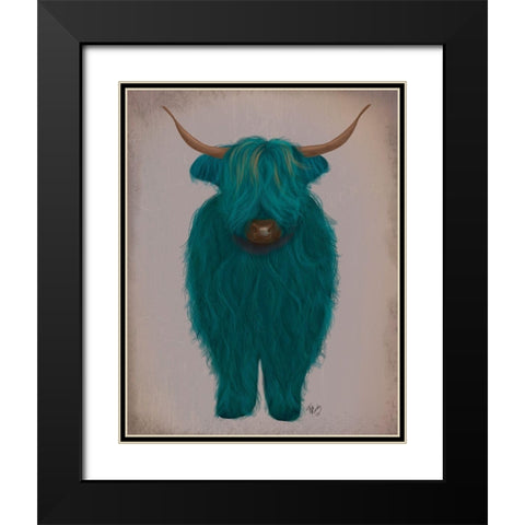 Highland Cow 3, Turquoise, Full Black Modern Wood Framed Art Print with Double Matting by Fab Funky