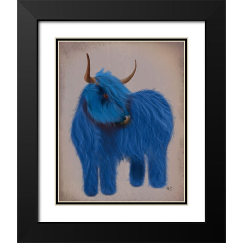 Highland Cow 2, Blue, Full Black Modern Wood Framed Art Print with Double Matting by Fab Funky