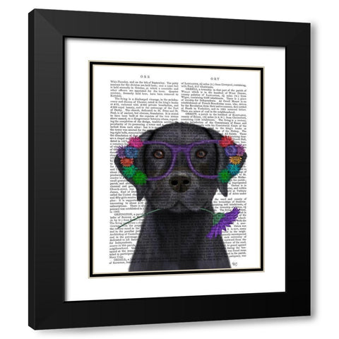 Black Labrador and Flower Glasses Book Print Black Modern Wood Framed Art Print with Double Matting by Fab Funky