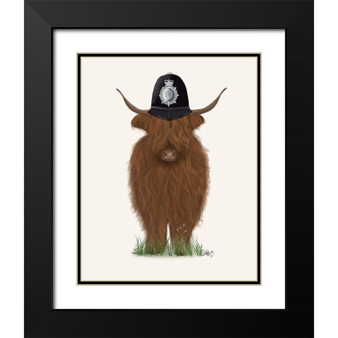 Highland Cow Policeman Black Modern Wood Framed Art Print with Double Matting by Fab Funky