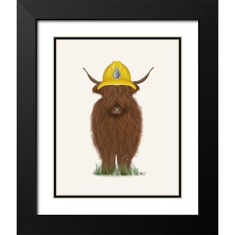 Highland Cow Fireman Black Modern Wood Framed Art Print with Double Matting by Fab Funky