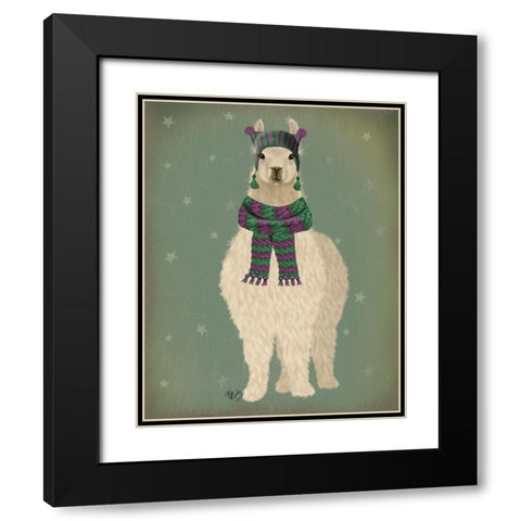 Llama with Purple Scarf, Full Black Modern Wood Framed Art Print with Double Matting by Fab Funky