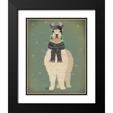 Llama with Purple Scarf, Full Black Modern Wood Framed Art Print with Double Matting by Fab Funky