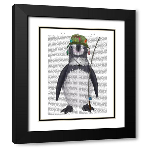Penguin Fishing Book Print Black Modern Wood Framed Art Print with Double Matting by Fab Funky