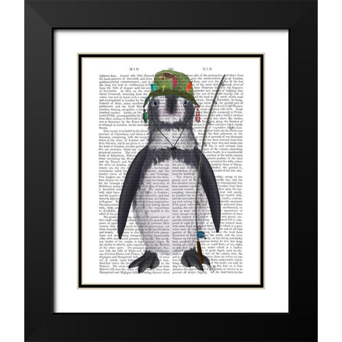 Penguin Fishing Book Print Black Modern Wood Framed Art Print with Double Matting by Fab Funky