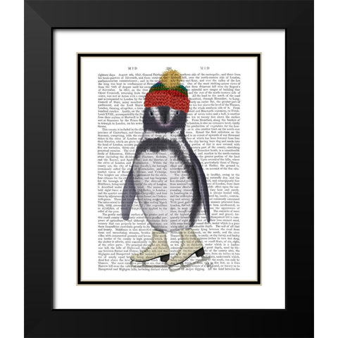 Penguin Ice Skating Book Print Black Modern Wood Framed Art Print with Double Matting by Fab Funky
