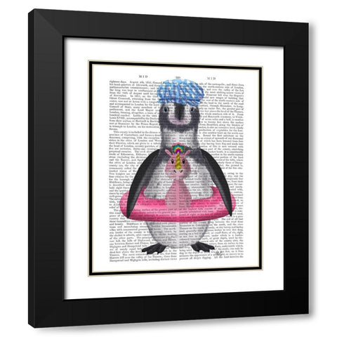 Penguin Unicorn Rubber Ring Book Print Black Modern Wood Framed Art Print with Double Matting by Fab Funky