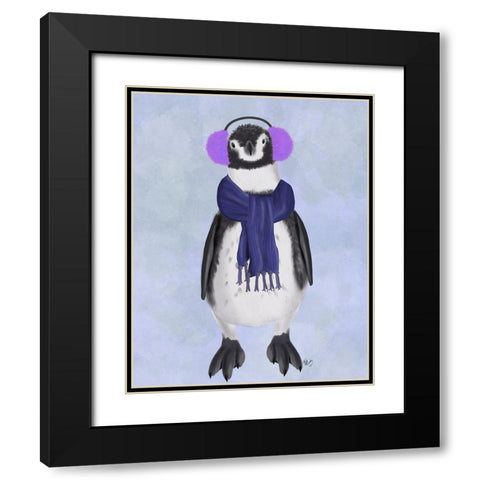 Penguin Ear Muffs Black Modern Wood Framed Art Print with Double Matting by Fab Funky
