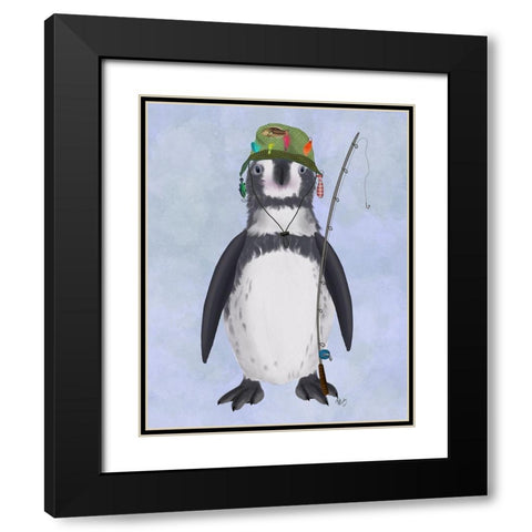 Penguin Fishing Black Modern Wood Framed Art Print with Double Matting by Fab Funky