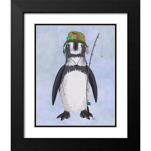 Penguin Fishing Black Modern Wood Framed Art Print with Double Matting by Fab Funky