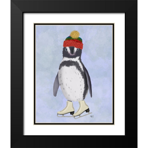 Penguin Ice Skating Black Modern Wood Framed Art Print with Double Matting by Fab Funky