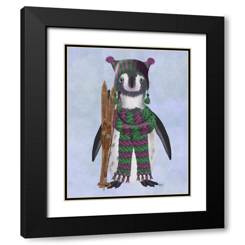 Penguin Skis Black Modern Wood Framed Art Print with Double Matting by Fab Funky
