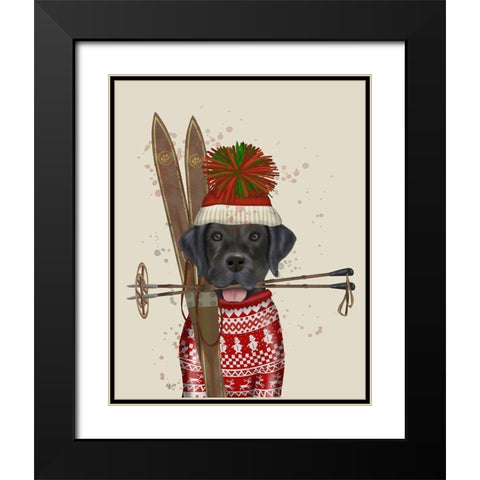 Black Labrador, Skiing Black Modern Wood Framed Art Print with Double Matting by Fab Funky