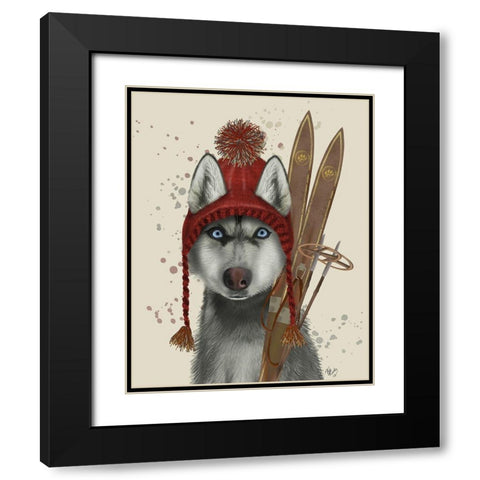 Husky, Skiing Black Modern Wood Framed Art Print with Double Matting by Fab Funky