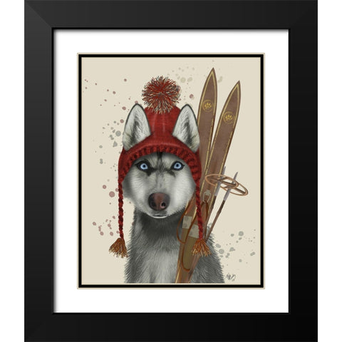 Husky, Skiing Black Modern Wood Framed Art Print with Double Matting by Fab Funky