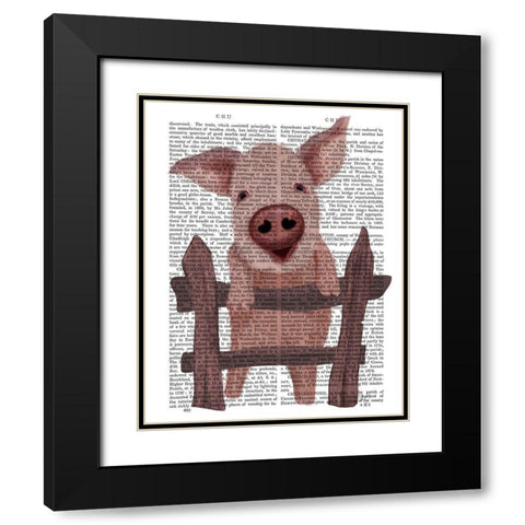 Pig On Fence Book Print Black Modern Wood Framed Art Print with Double Matting by Fab Funky