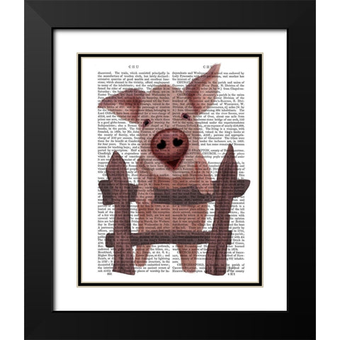 Pig On Fence Book Print Black Modern Wood Framed Art Print with Double Matting by Fab Funky