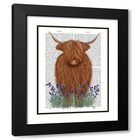 Highland Cow, Bluebell Book Print Black Modern Wood Framed Art Print with Double Matting by Fab Funky