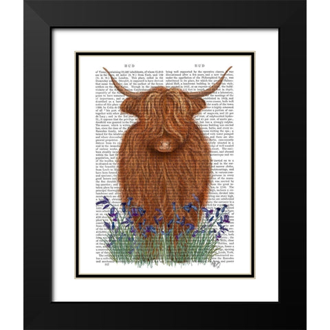 Highland Cow, Bluebell Book Print Black Modern Wood Framed Art Print with Double Matting by Fab Funky
