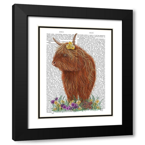 Highland Cow, Pansy Book Print Black Modern Wood Framed Art Print with Double Matting by Fab Funky