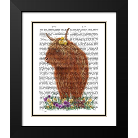 Highland Cow, Pansy Book Print Black Modern Wood Framed Art Print with Double Matting by Fab Funky