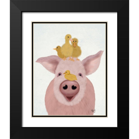 Pig and Ducklings Black Modern Wood Framed Art Print with Double Matting by Fab Funky