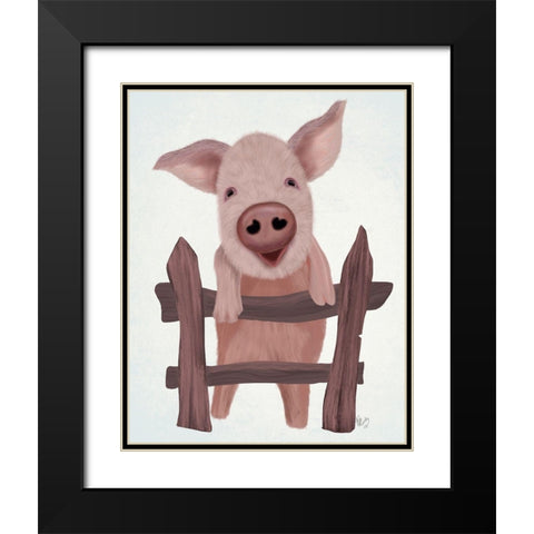 Pig On Fence Black Modern Wood Framed Art Print with Double Matting by Fab Funky