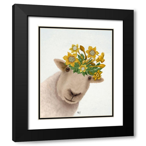 Sheep with Daffodil Crown Black Modern Wood Framed Art Print with Double Matting by Fab Funky