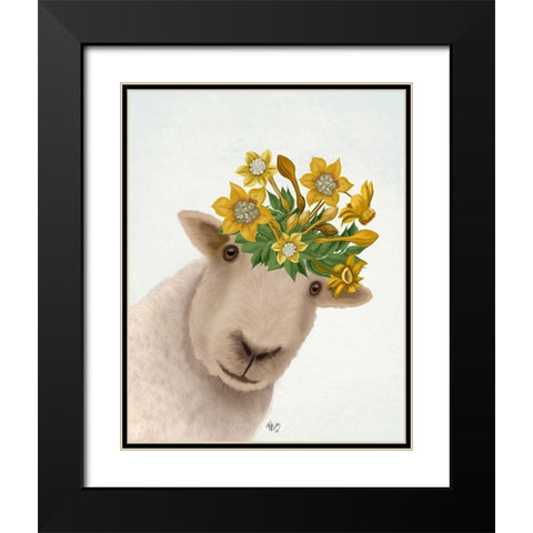 Sheep with Daffodil Crown Black Modern Wood Framed Art Print with Double Matting by Fab Funky