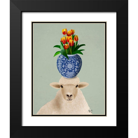 Sheep and Tulips Black Modern Wood Framed Art Print with Double Matting by Fab Funky
