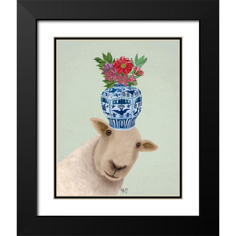 Sheep with Vase of Flowers Black Modern Wood Framed Art Print with Double Matting by Fab Funky