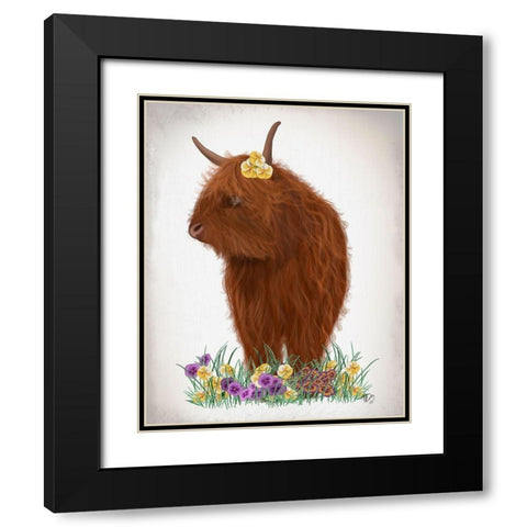 Highland Cow, Pansy Black Modern Wood Framed Art Print with Double Matting by Fab Funky