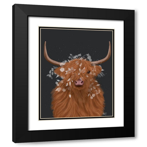 Highland Cow 1, White Flowers Black Modern Wood Framed Art Print with Double Matting by Fab Funky
