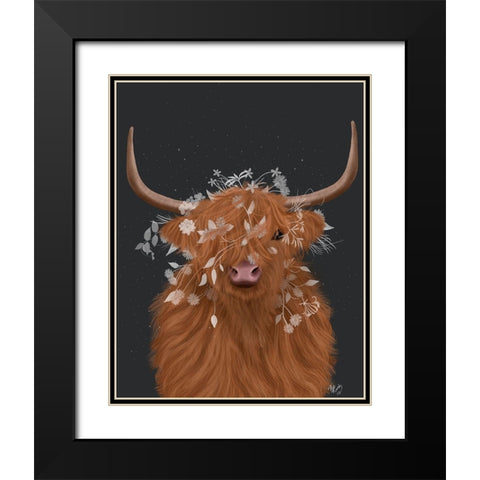 Highland Cow 1, White Flowers Black Modern Wood Framed Art Print with Double Matting by Fab Funky