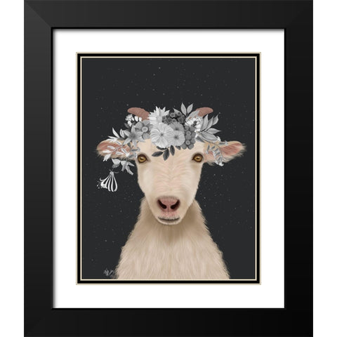 Goat 1, White Flowers Black Modern Wood Framed Art Print with Double Matting by Fab Funky