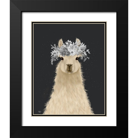 Llama White Flowers Black Modern Wood Framed Art Print with Double Matting by Fab Funky