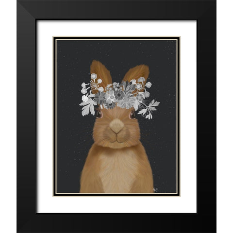 Rabbit, White Flowers Black Modern Wood Framed Art Print with Double Matting by Fab Funky