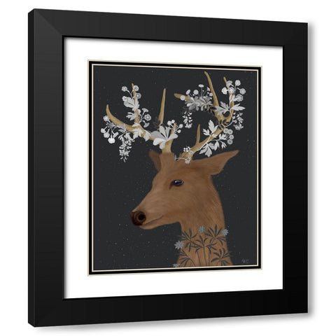 Deer, White Flowers Black Modern Wood Framed Art Print with Double Matting by Fab Funky