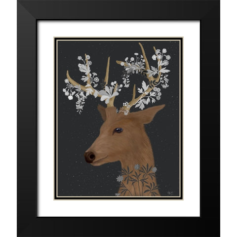 Deer, White Flowers Black Modern Wood Framed Art Print with Double Matting by Fab Funky