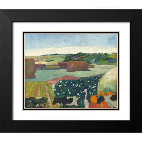 Haystacks in Brittany Black Modern Wood Framed Art Print with Double Matting by Gauguin, Paul