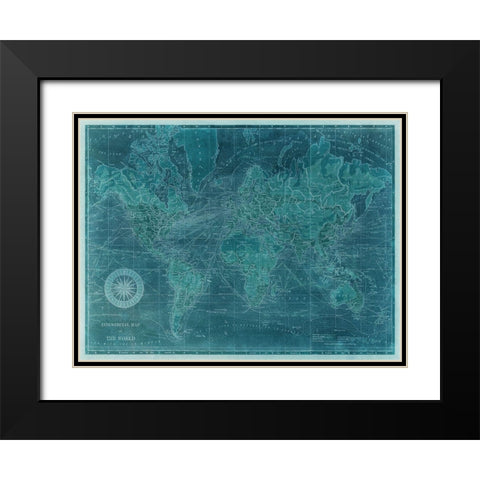 Azure World Map Black Modern Wood Framed Art Print with Double Matting by Vision Studio