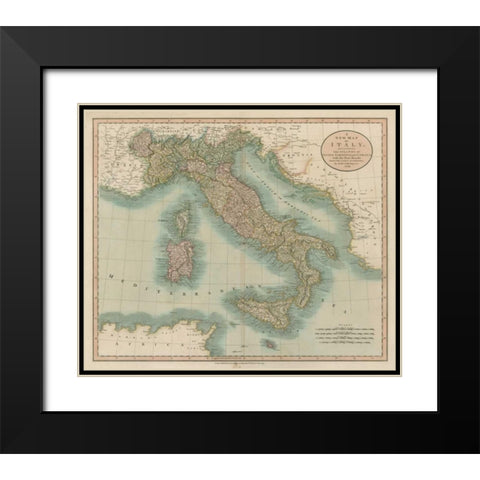 Vintage Map of Italy Black Modern Wood Framed Art Print with Double Matting by Cary, John