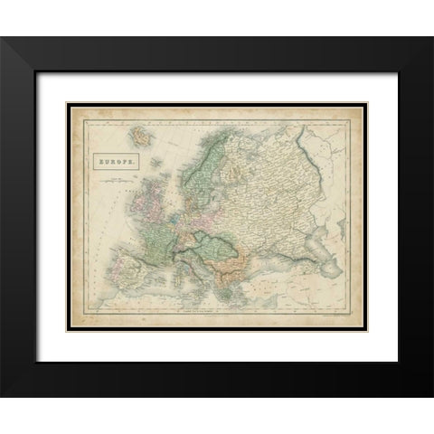 Map of Europe Black Modern Wood Framed Art Print with Double Matting by Hall, Sidney