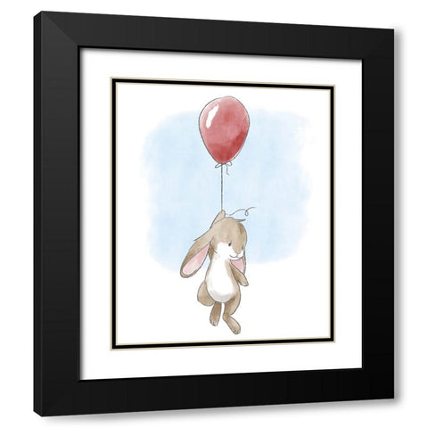 Little Bunny and Balloon Black Modern Wood Framed Art Print with Double Matting by Circle Kids